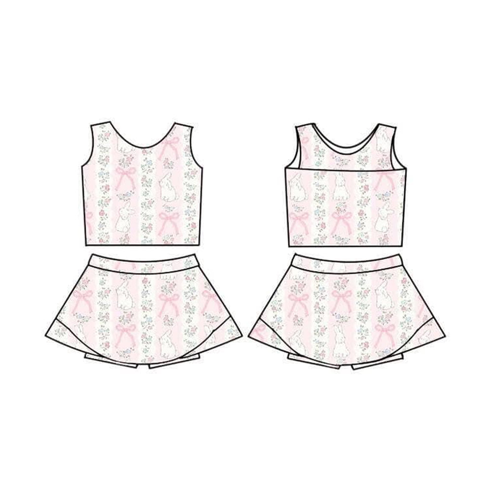 MOQ 5 preorder GSD3519 Easter Bunny Flower Bows Pink Sleeveless Top with Skirts for Girls Yoga Sets 202512