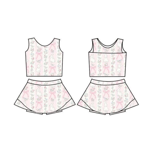 MOQ 5 preorder GSD3519 Easter Bunny Flower Bows Pink Sleeveless Top with Skirts for Girls Yoga Sets 202512