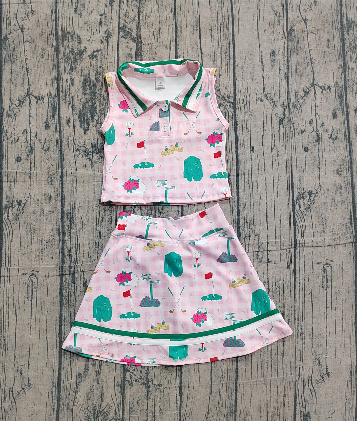 NO MOQ preorder GSD3520 Golf Pattern Pink Plaid Sleeveless Top with Skirts for Girls Yoga Sets 202601