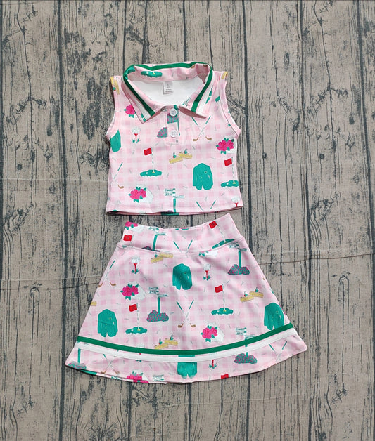 NO MOQ preorder GSD3520 Golf Pattern Pink Plaid Sleeveless Top with Skirts for Girls Yoga Sets 202601