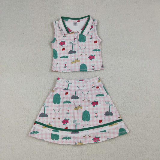 GSD3520 Golf Pattern Pink Plaid Sleeveless Top with Skirts for Girls Yoga Sets 202603 RTS