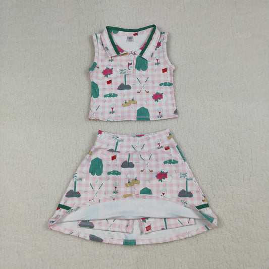 GSD3520 Golf Pattern Pink Plaid Sleeveless Top with Skirts for Girls Yoga Sets 202603 RTS