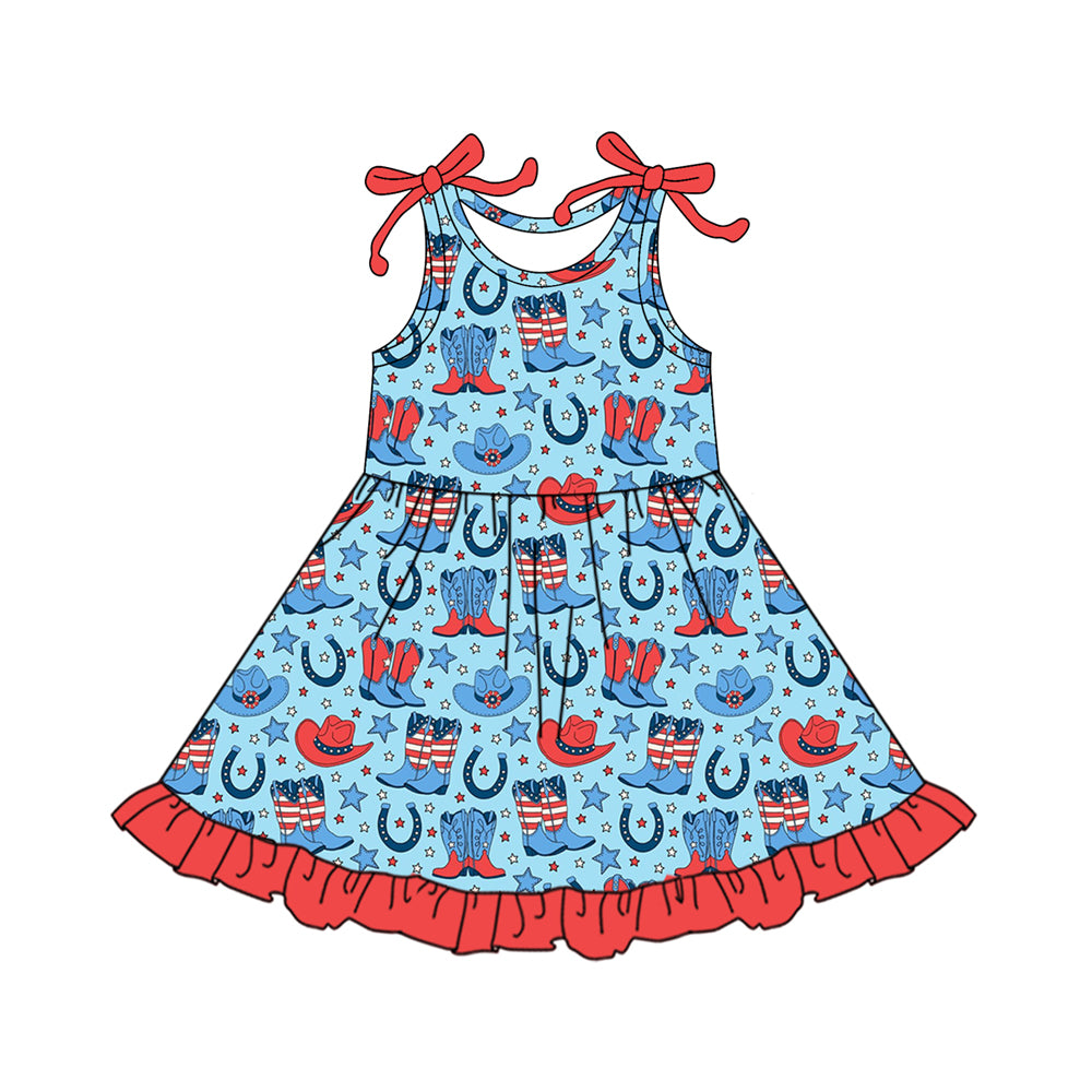 MOQ 5 PCS Preorder GSD3522 4th of July Cowgirl Boots Star Red Ruffle Blue Sleeveless Dresses for Girls 202512