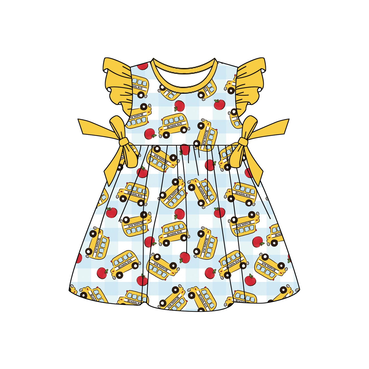 MOQ 5 PCS Preorder GSD3524 Back to School Bus Apple Yellow Bows Flying Dresses for Girls 202512
