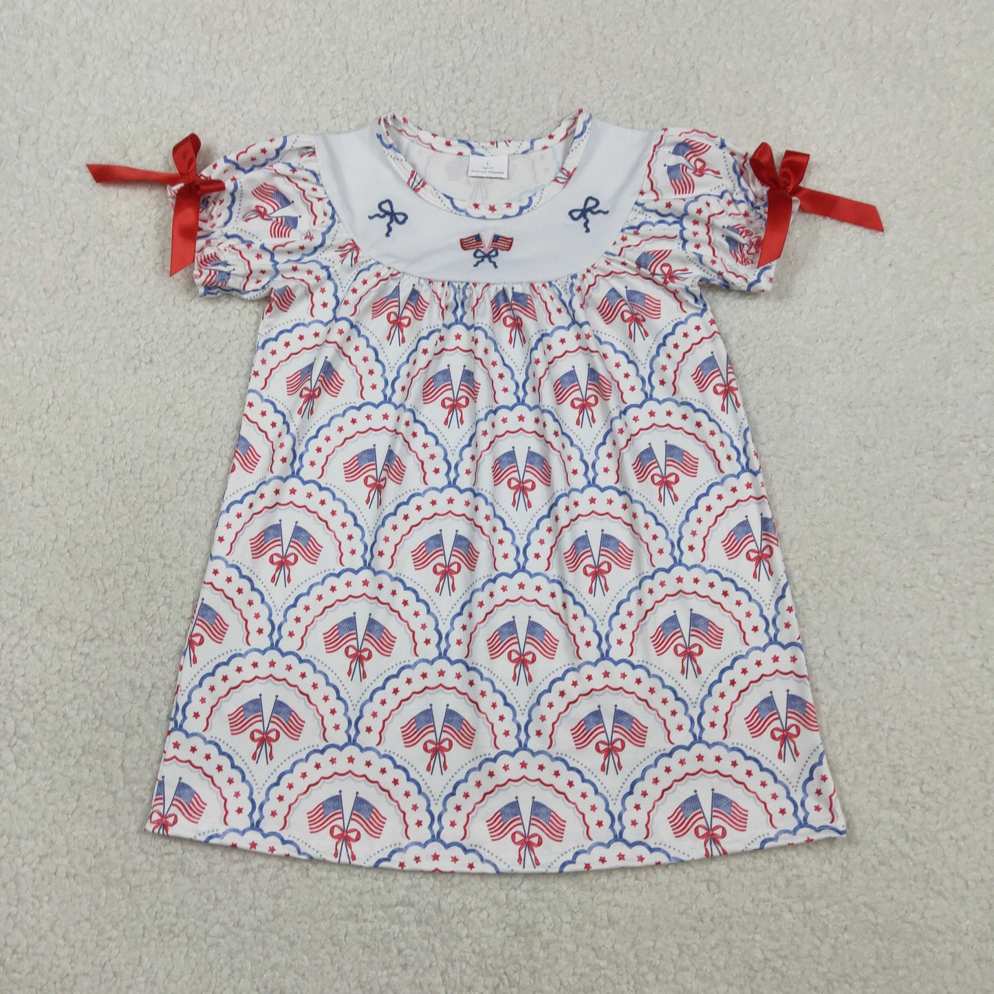 GSD3525 Embroidered 4th of July Bows Flag Short Sleeve Dresses for Girls 202602 RTS