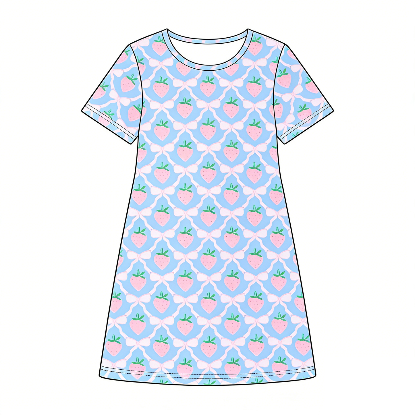 MOQ 5 PCS Preorder GSD3527 Strawberry Bows Blue Short Sleeve Dresses for Girls 202512