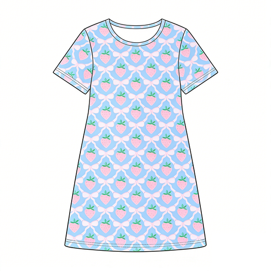 MOQ 5 PCS Preorder GSD3527 Strawberry Bows Blue Short Sleeve Dresses for Girls 202512
