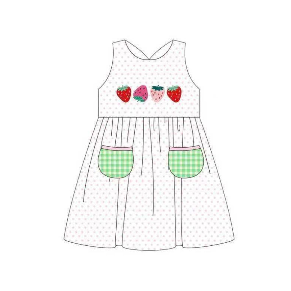 MOQ 5 PCS Preorder GSD3535 Strawberry Dots Green Plaid Pocket White Sleeveless Dresses for Girls 202601