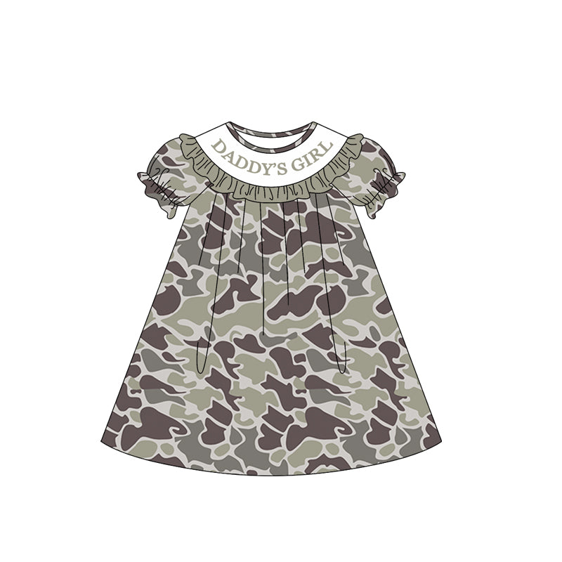MOQ 5 PCS Preorder GSD3539 DADDY'S GIRL Ruffle Gray Green Brown Camouflage Short Sleeve Dresses for Girls 202601