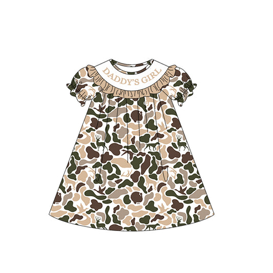 MOQ 5 PCS Preorder GSD3544 DADDY'S GIRL Ruffle Hunting Beige Green Camouflage Short Sleeve Dresses for Girls 202601