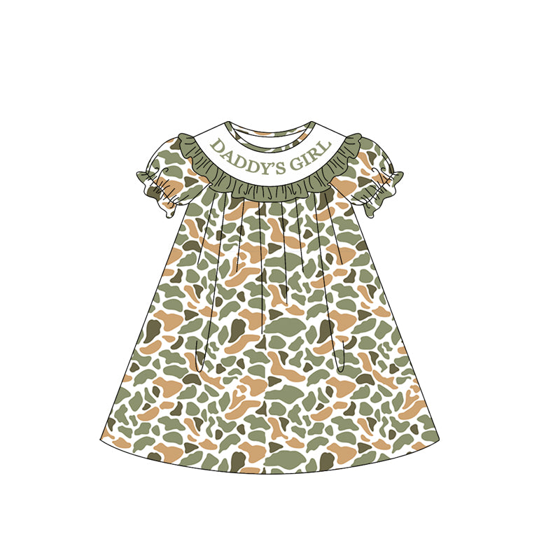 MOQ 5 PCS Preorder GSD3545 DADDY'S GIRL Ruffle Orange Green Camouflage Short Sleeve Dresses for Girls 202601