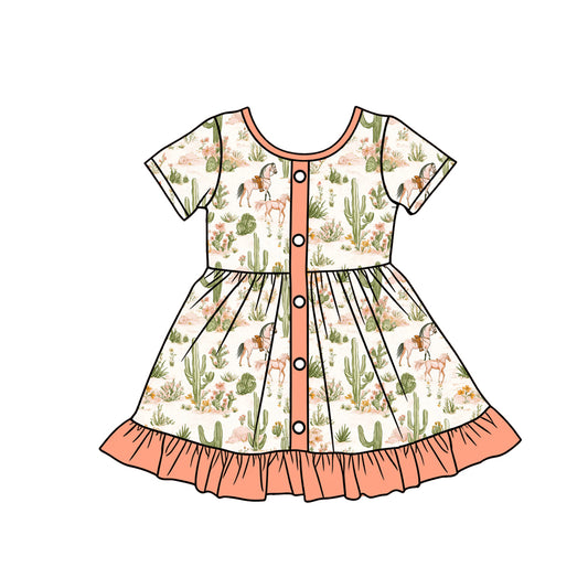 MOQ 5 PCS Preorder GSD3549 Cowgirl Cactus Horse Riding Pink Ruffle Short Sleeve Dresses for Girls 202601