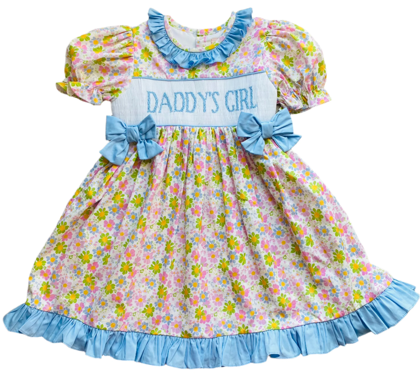 MOQ 5 PCS Preorder GSD3554 MAMA'S GIRL Flower Leaf Blue Bows Ruffle Short Sleeve Dresses for Girls 202601