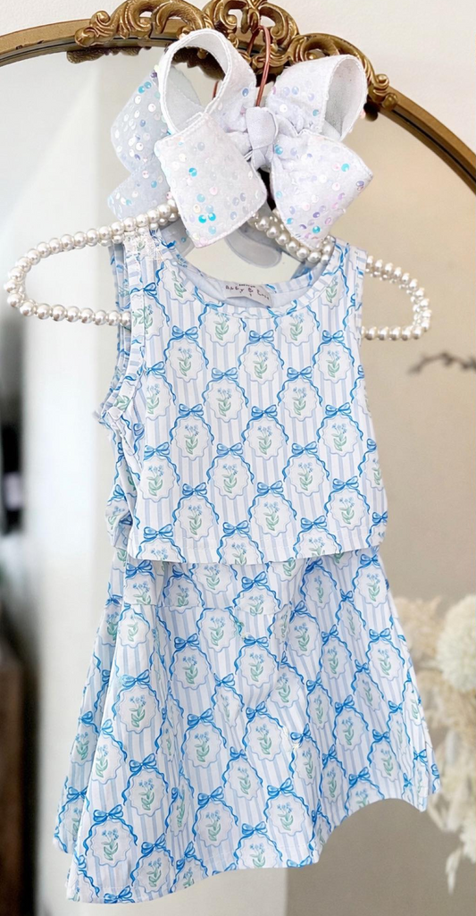 MOQ 5 preorder GSD3557 Flower Bows Stripe Blue White Sleeveless Top with Skirts for Girls Yoga Sets 202601