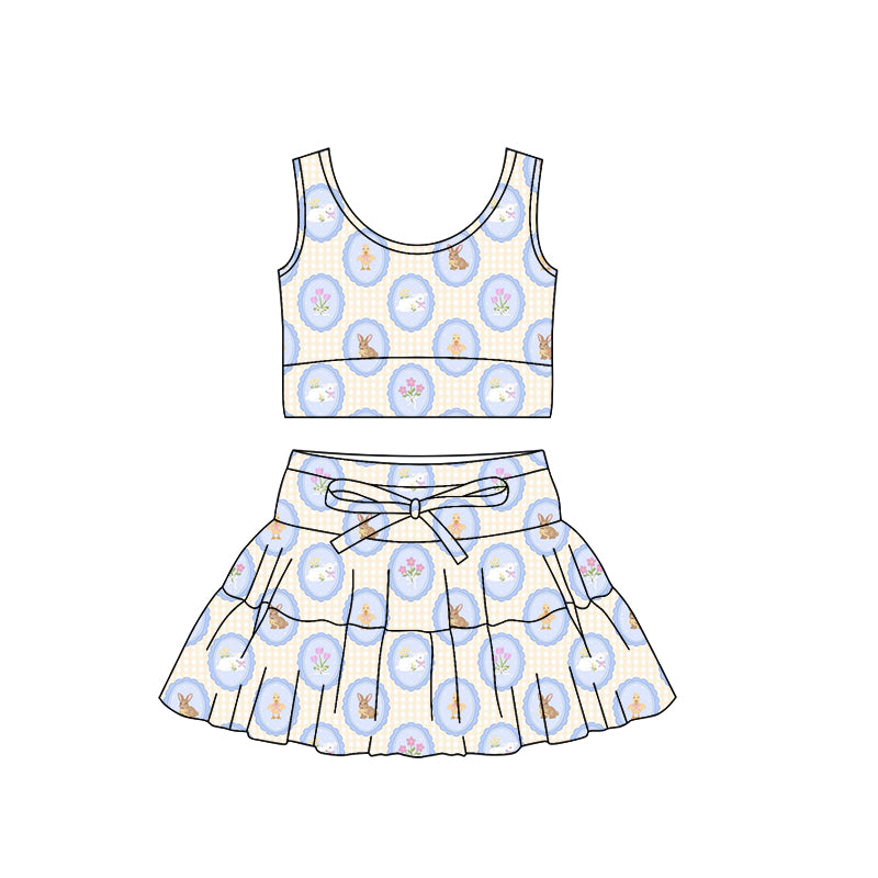 MOQ 5 preorder GSD3562 Yellow Plaid Sleeveless Top with Skirts for Girls Yoga Sets Featuring Rabbit Chick Lamb Flowers 202601