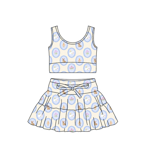 MOQ 5 preorder GSD3562 Yellow Plaid Sleeveless Top with Skirts for Girls Yoga Sets Featuring Rabbit Chick Lamb Flowers 202601