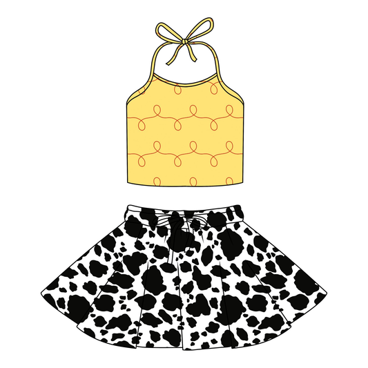MOQ 5 PCS Preorder GSD3566 Cartoon Character Yellow Sleeveless Cow Print Skirts for Girls Sets 202601
