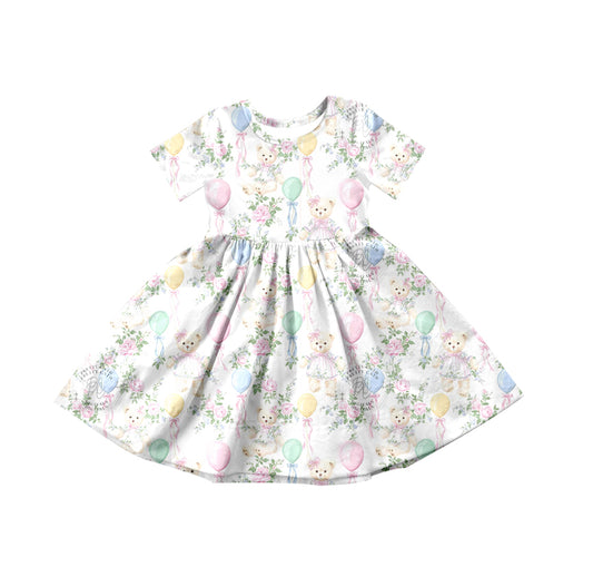 MOQ 5 PCS Preorder GSD3568 Bear Flowers Balloons White Short Sleeve Dresses for Girls 202601