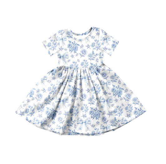 MOQ 5 PCS Preorder GSD3569 Blue Flowers Bows White Short Sleeve Dresses for Girls 202601