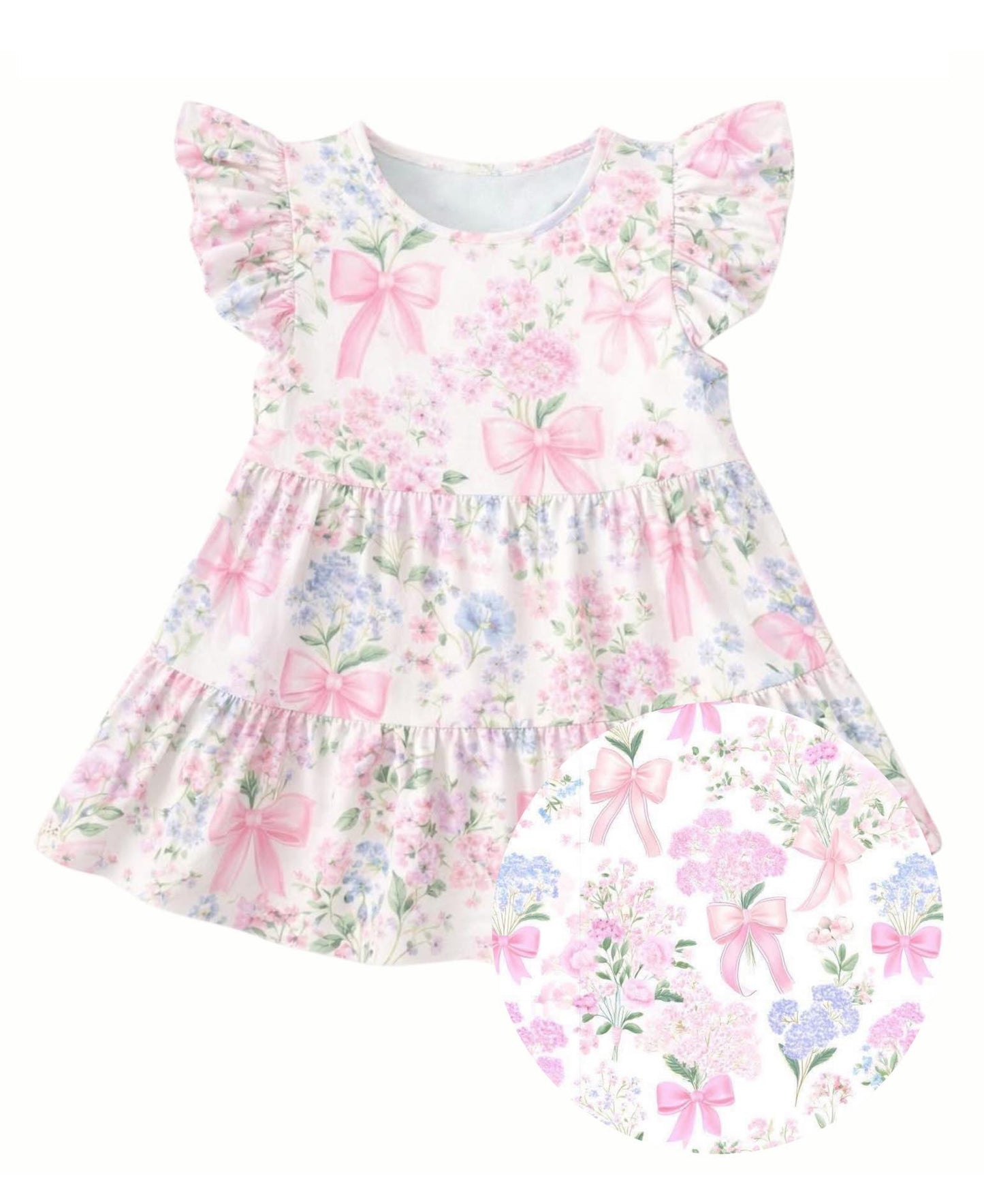 MOQ 5 PCS Preorder GSD3571 Pink Bows Flower Flying Sleeve Dresses for Girls 202601