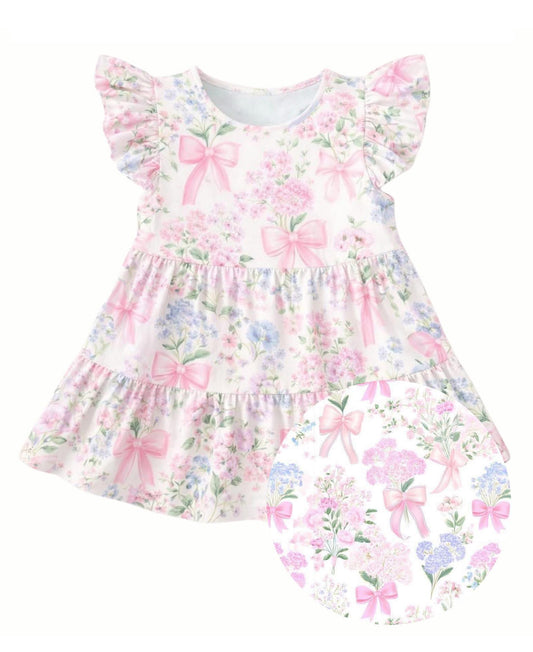 MOQ 5 PCS Preorder GSD3571 Pink Bows Flower Flying Sleeve Dresses for Girls 202601
