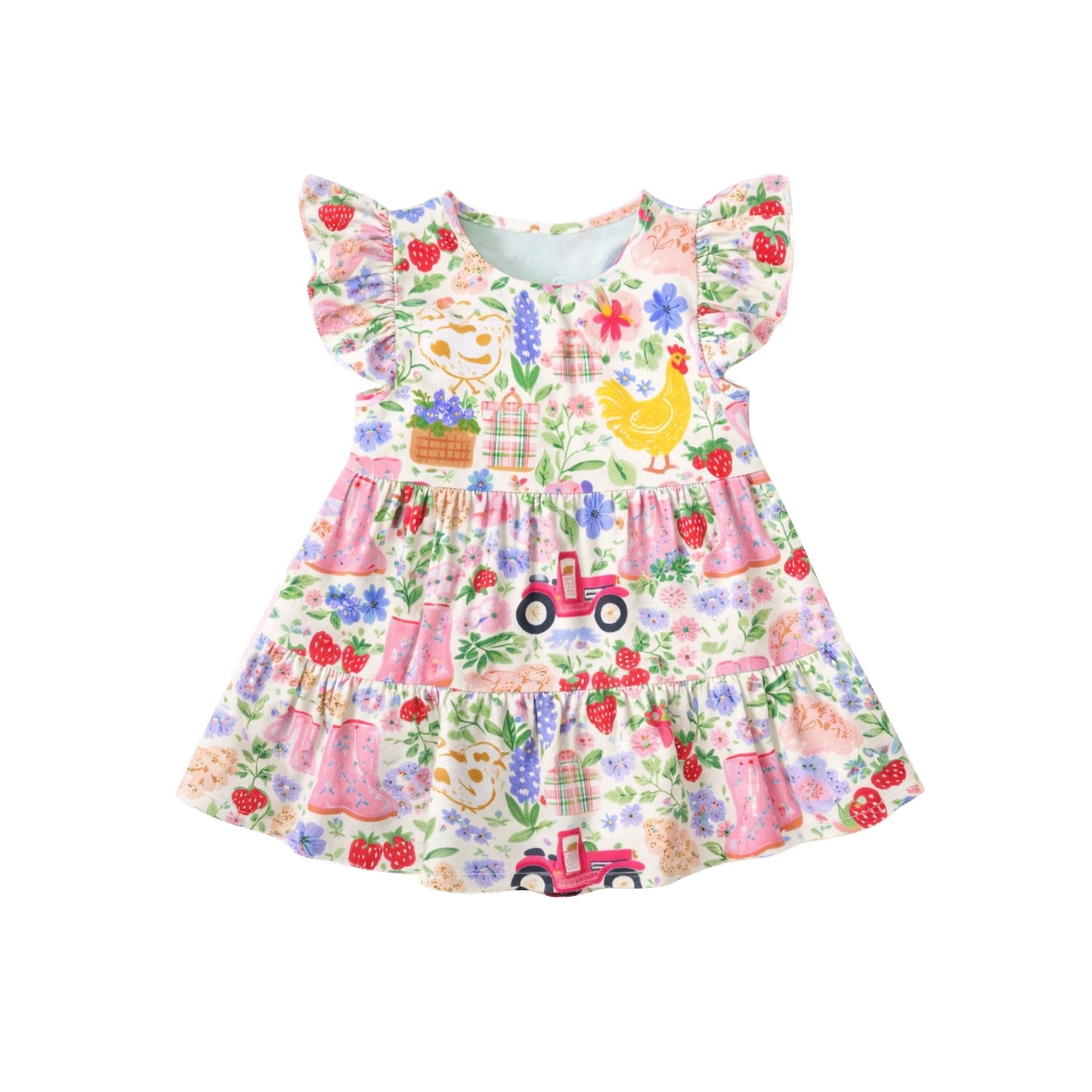MOQ 5 PCS Preorder GSD3574 Chicken Tractor Flower Basket Boots Flying Sleeve Dresses for Girls 202601