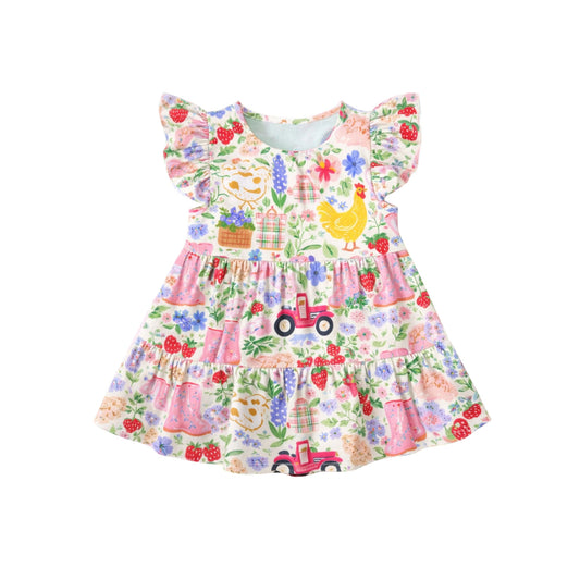 MOQ 5 PCS Preorder GSD3574 Chicken Tractor Flower Basket Boots Flying Sleeve Dresses for Girls 202601