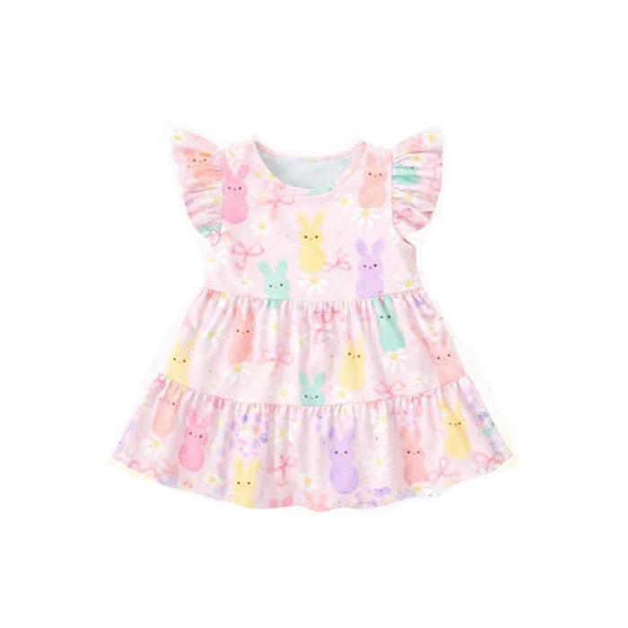 MOQ 5 PCS Preorder GSD3575 Easter Bunny Flower Bows Pink Flying Sleeve Dresses for Girls 202601