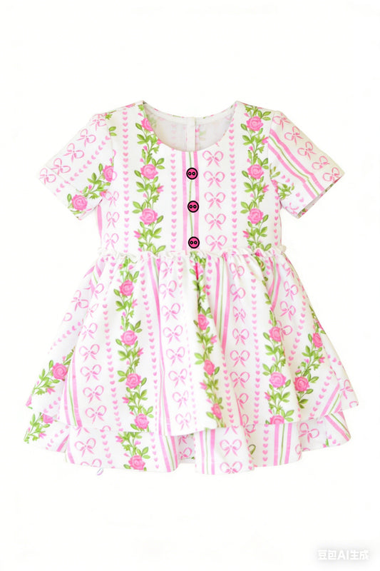 MOQ 5 PCS Preorder GSD3576 Flower Bows Love Pink Short Sleeve Dresses for Girls 202601