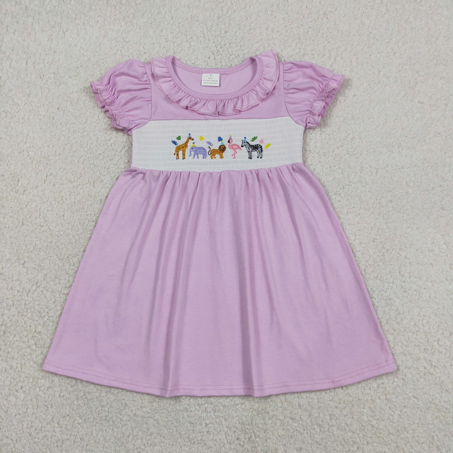 GSD3578 Smocked Giraffe Elephant Lion Motifs Pink Ruffle Short Sleeve Dresses for Girls 202605 RTS