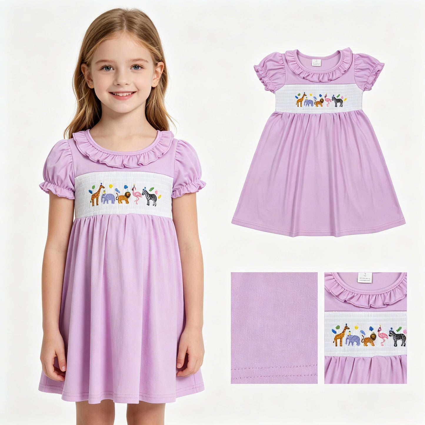 GSD3578 Smocked Giraffe Elephant Lion Motifs Pink Ruffle Short Sleeve Dresses for Girls 202605 RTS