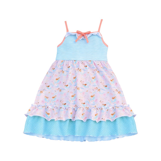 MOQ 5 PCS Preorder GSD3579 Mermaid Polka Dot Blue Ruffle Sleeveless Dresses for Girls 202601