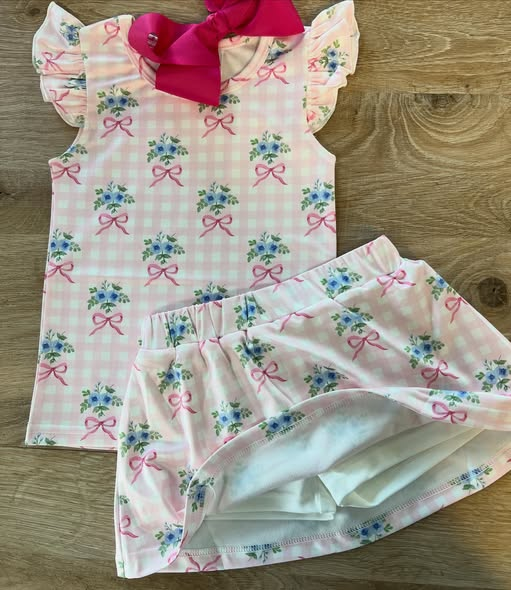MOQ 5 PCS Preorder GSD3581 Flower Bows Pink Plaid Flying Sleeve Skirts for Girls Sets 202601