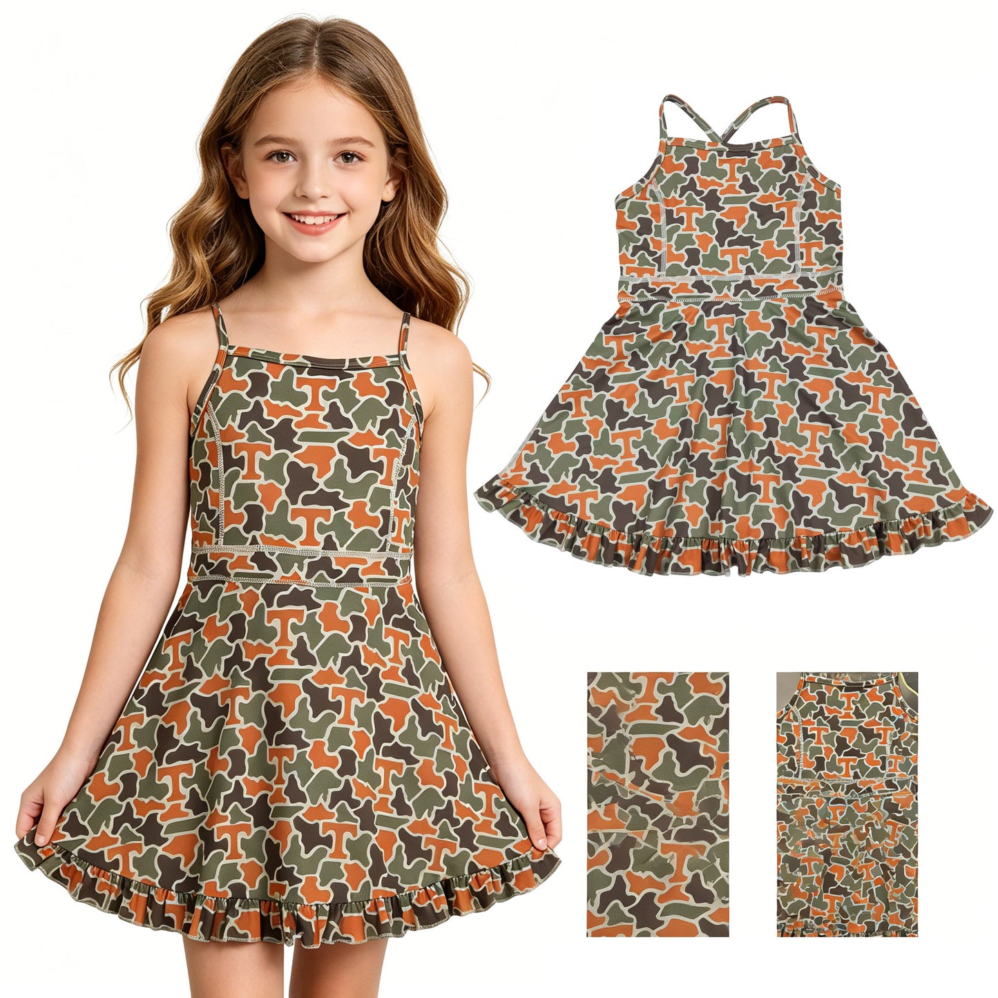 GSD3590 GO TEAM T Orange Green Camouflage Yoga Sleeveless Dresses for Girls 202605 RTS