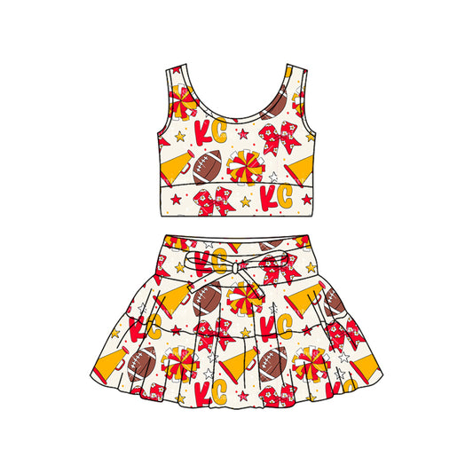 MOQ 5 preorder GSD3596 GO TEAM KC Logo Rugby Bows Flower Star Beige Sleeveless Top with Skirts for Girls Yoga Sets 202601