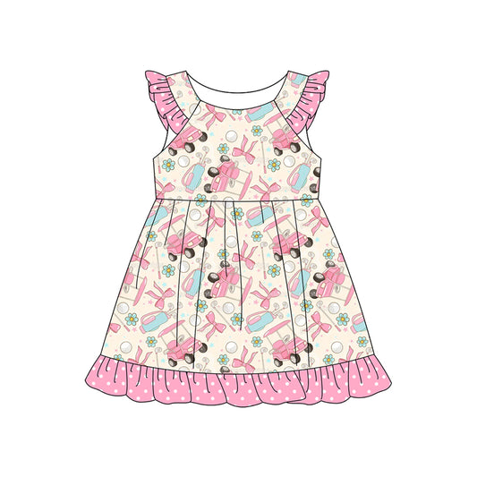 MOQ 5 PCS Preorder GSD3598 Golf Flower Bows Pink Ruffle Flying Sleeve Dresses for Girls 202601