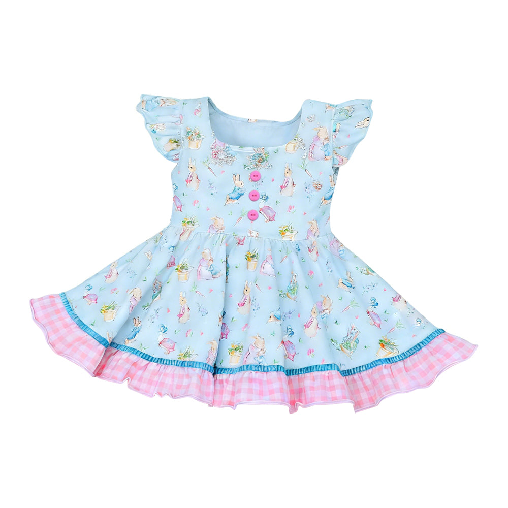 MOQ 5 PCS Preorder GSD3600 Easter Bunny Pink Plaid Ruffle Blue Flying Sleeve Dresses for Girls 202601