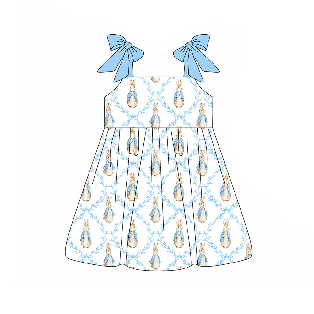 MOQ 5 PCS Preorder GSD3601 Easter Bunny Blue White Sleeveless Dresses for Girls 202601