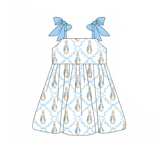 MOQ 5 PCS Preorder GSD3601 Easter Bunny Blue White Sleeveless Dresses for Girls 202601