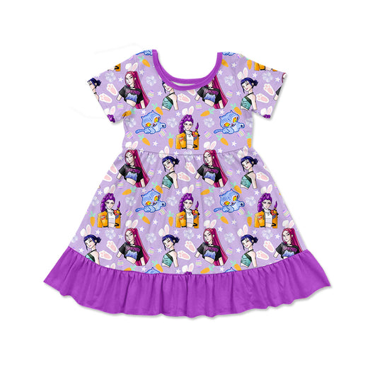MOQ 5 PCS Preorder GSD3602 Easter Bunny K-POP Purple Ruffle Short Sleeve Dresses for Girls 202601