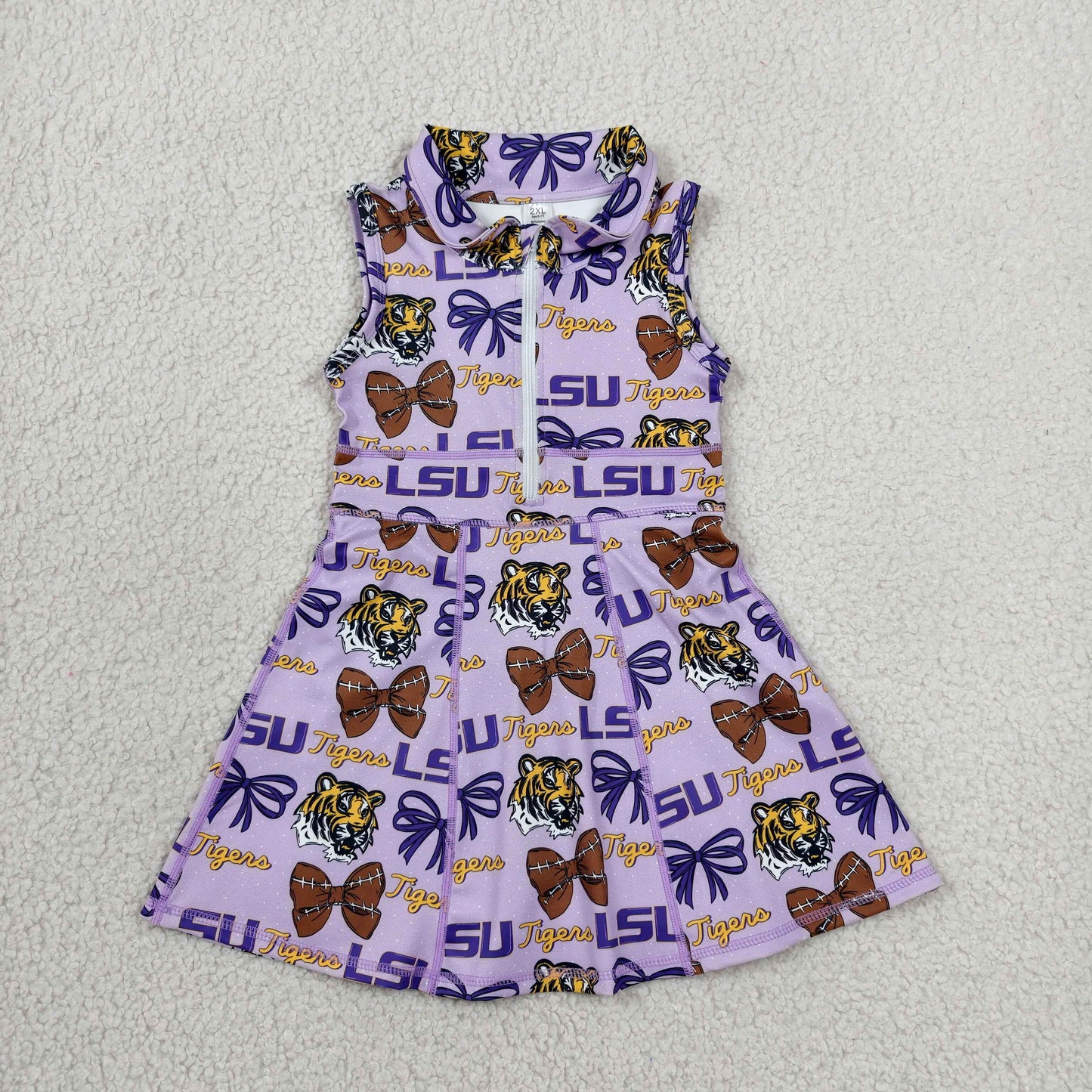 GSD3604 GO TEAM Tigers LSU Bow Purple Polo Yoga Sleeveless Dresses for Girls 202606 RTS