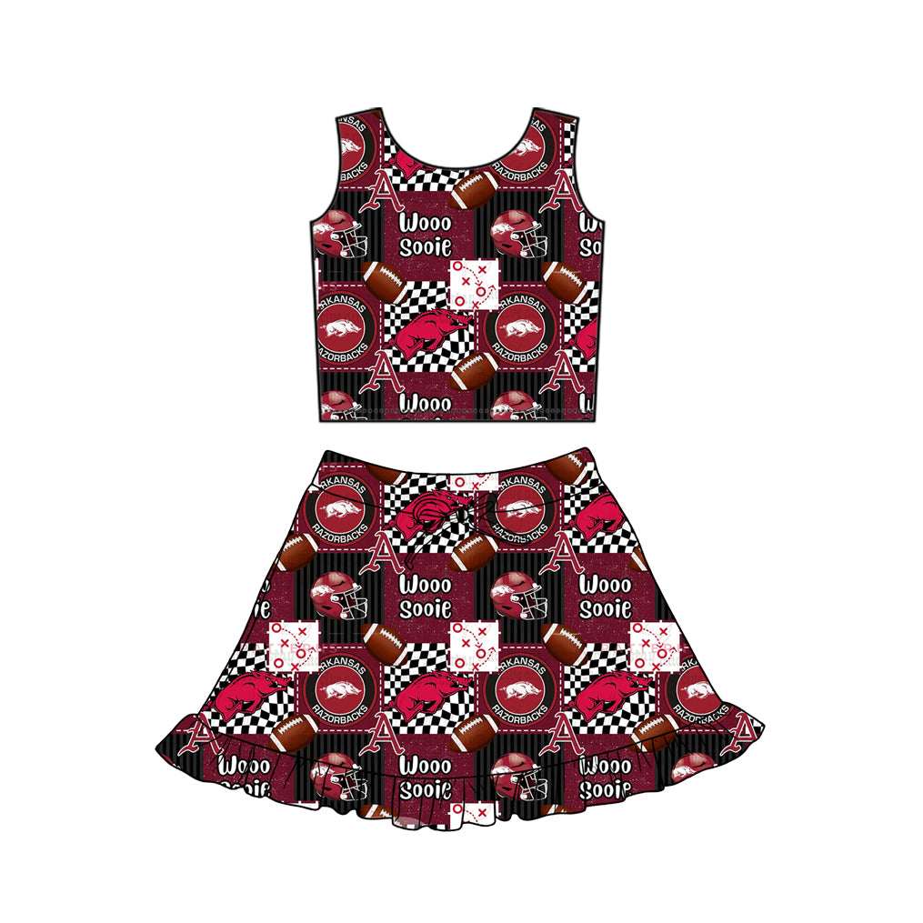 MOQ 5 preorder GSD3609 GO TEAM A Wild Boar Plaid Red Sleeveless Top with Skirts for Girls Yoga Sets 202601