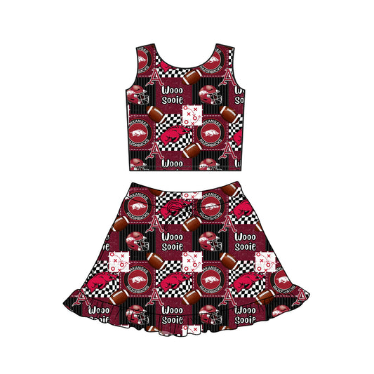 MOQ 5 preorder GSD3609 GO TEAM A Wild Boar Plaid Red Sleeveless Top with Skirts for Girls Yoga Sets 202601
