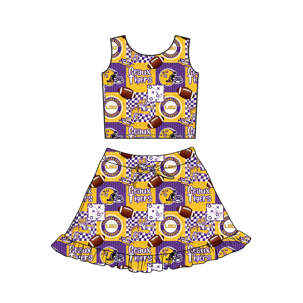 MOQ 5 preorder GSD3610 GO TEAM Tigers LSU Plaid Yellow Purple Sleeveless Top with Skirts for Girls Yoga Sets 202601