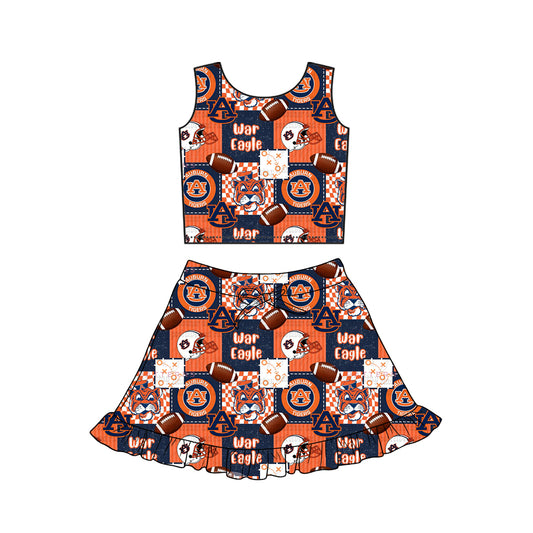 MOQ 5 preorder GSD3611 GO TEAM War Eagle Plaid Orange Blue Sleeveless Top with Skirts for Girls Yoga Sets 202601