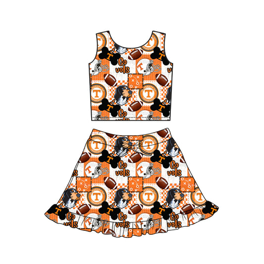 MOQ 5 preorder GSD3613 GO TEAM Vols Puppy Plaid Orange Sleeveless Top with Skirts for Girls Yoga Sets 202601