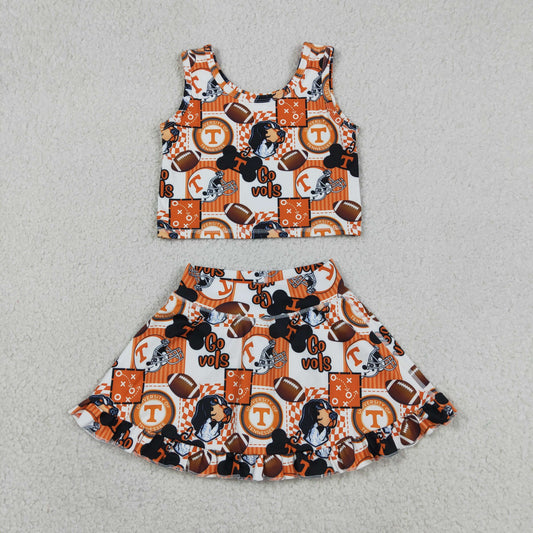 GSD3613 GO TEAM Vols Puppy Plaid Orange Sleeveless Top with Skirts for Girls Yoga Sets 202604 RTS
