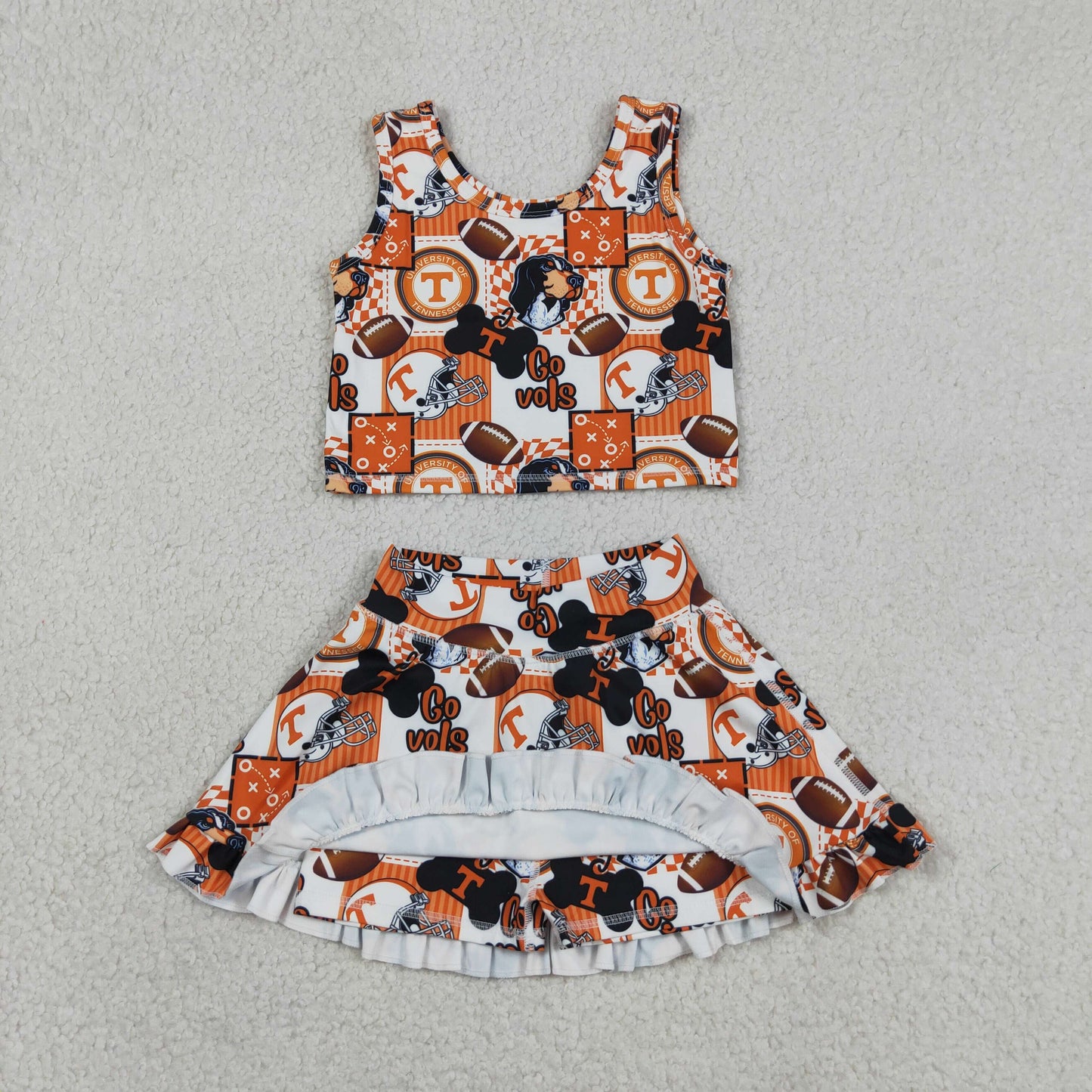 GSD3613 GO TEAM Vols Puppy Plaid Orange Sleeveless Top with Skirts for Girls Yoga Sets 202604 RTS