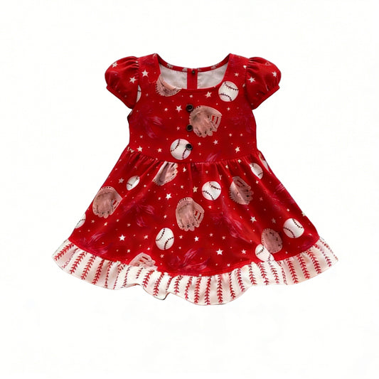 MOQ 5 PCS Preorder GSD3614 Baseball Gloves Red Short Sleeve Dresses for Girls 202601