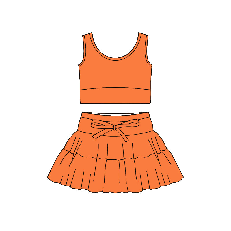 MOQ 5 PCS preorder GSD3616 Solid Orange Sleeveless Top with Skirts for Girls Yoga Sets 202601